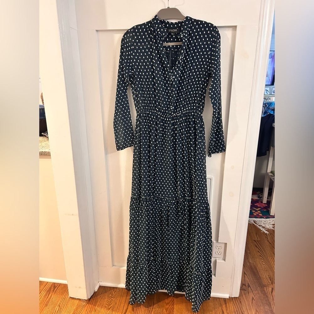 Saloni Navy polka dot v neck elastic waist maxi dress